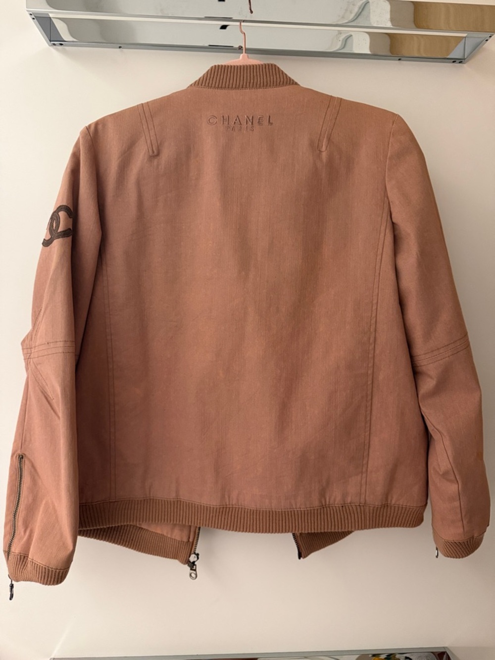 CHANEL Dusty Rose Canvas Logo Bomber Jacket